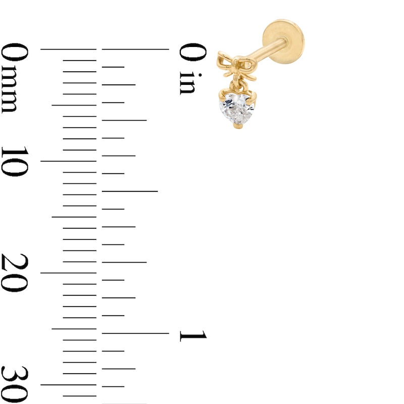 Main Image 2 of 14K Solid Gold CZ Heart Bow Dangle Cartilage Stud - 18G 5/16”