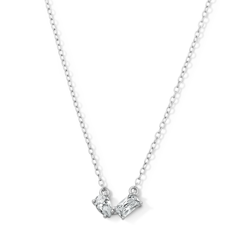 Main Image 1 of Sterling Silver CZ Emerald and Pear Toi et Moi Necklace - 18"