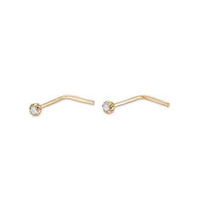 10K Solid Gold CZ L-Shape Nose Stud Set - 24G 3/16"