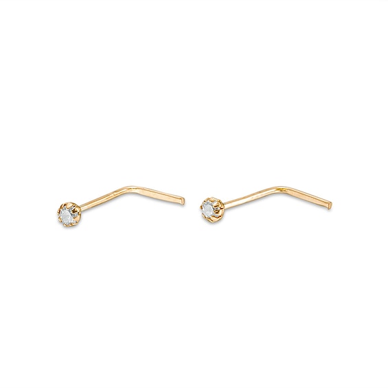 10K Solid Gold CZ L-Shape Nose Stud Set - 24G 3/16"