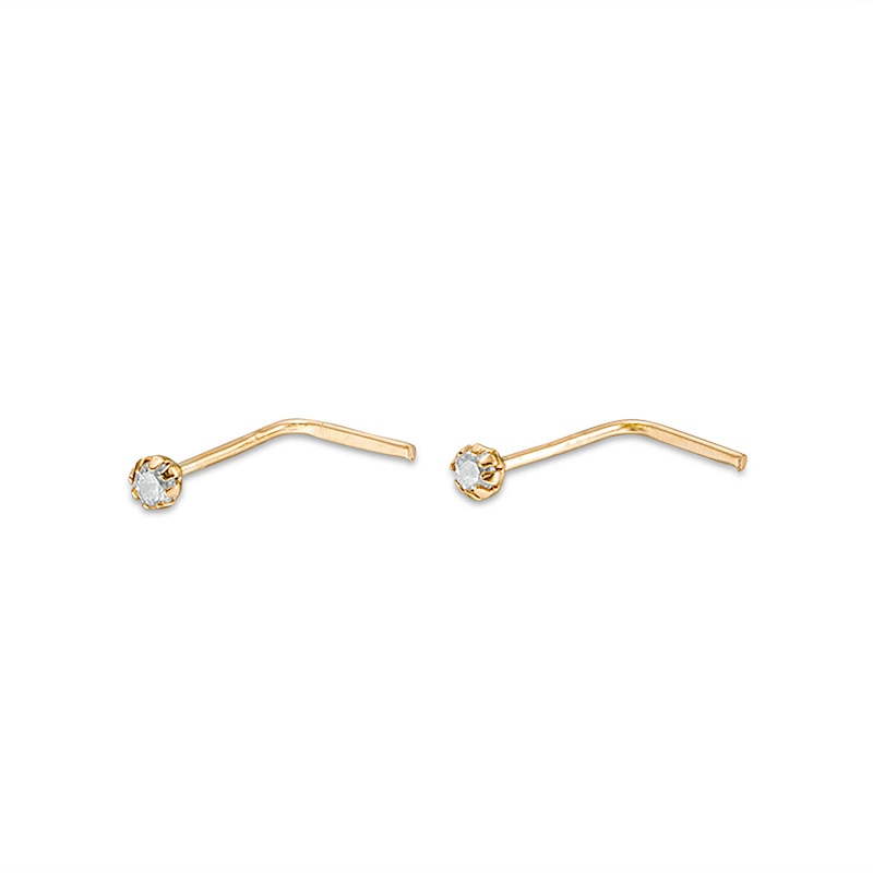 Main Image 1 of 10K Solid Gold CZ L-Shape Nose Stud Set - 24G 3/16"