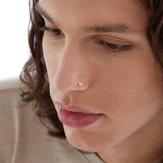 10K Solid Gold CZ Heart Bone Nose Stud - 22G 1/4"