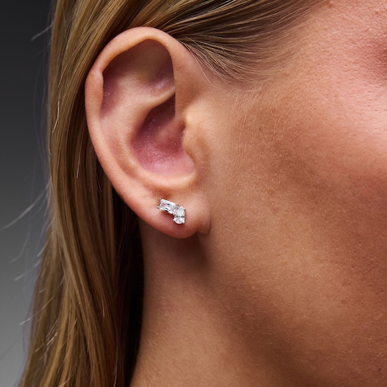 Solid Sterling Silver CZ Emerald and Pear Stacked Studs