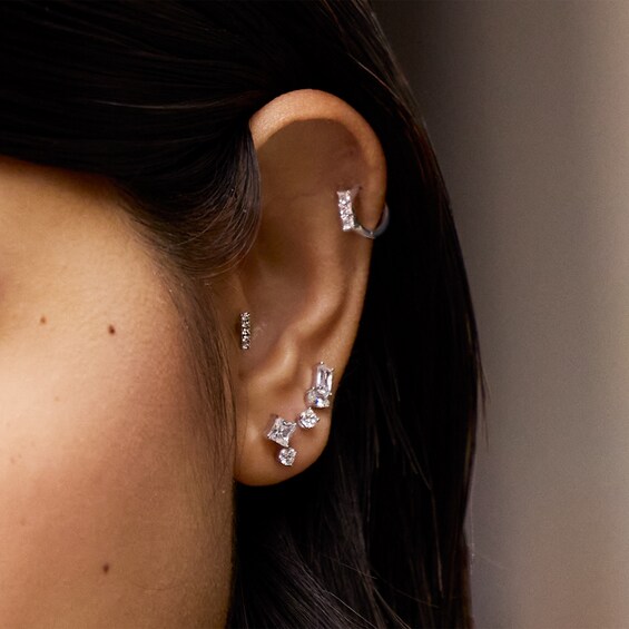 Solid Sterling Silver CZ Emerald and Pear Stacked Studs