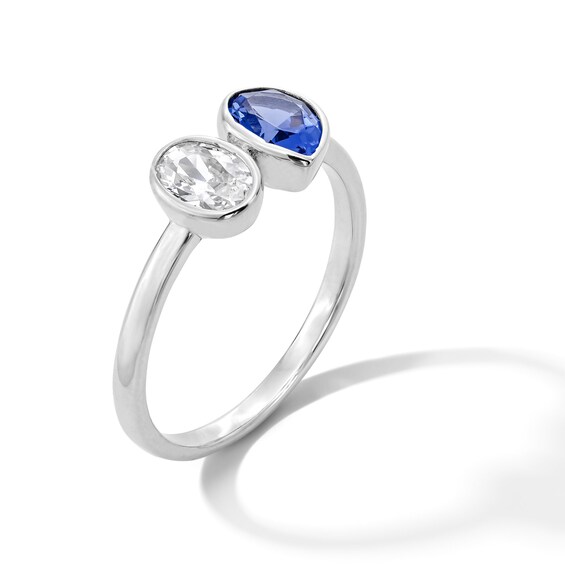 Solid Sterling Silver CZ Blue and White Toi et Moi Ring - Size 7
