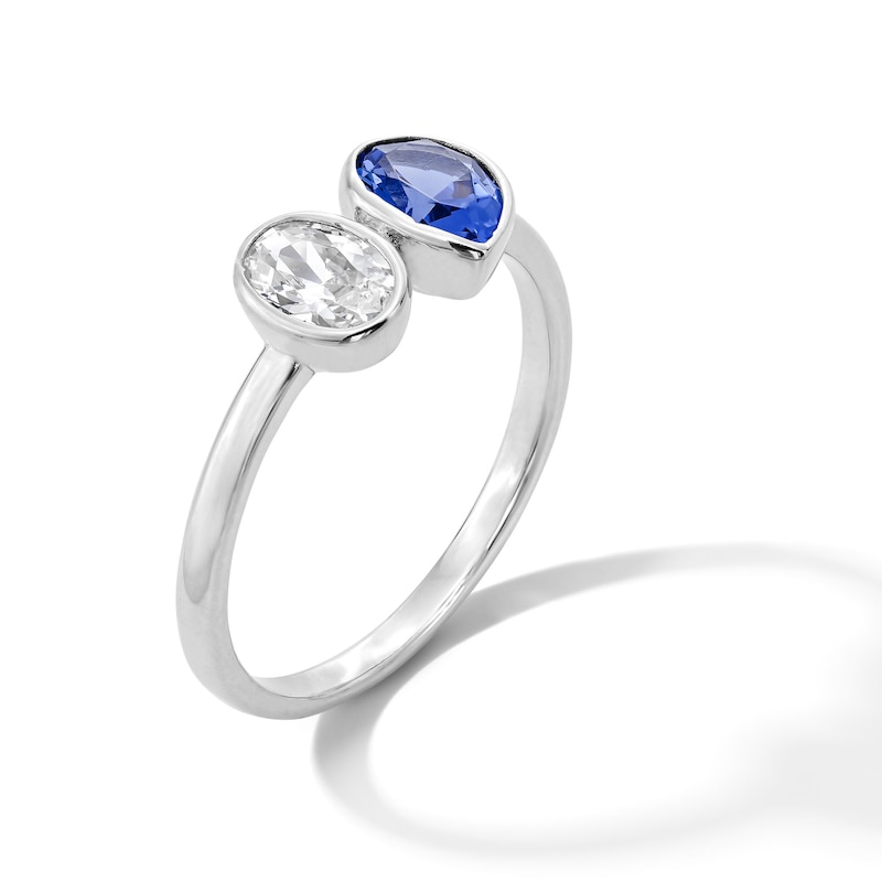 Main Image 2 of Solid Sterling Silver CZ Blue and White Toi et Moi Ring - Size 7