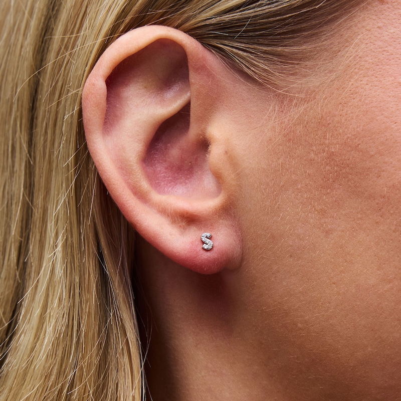 Main Image 2 of Solid Sterling Silver CZ Initial “S” Studs