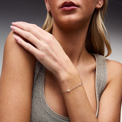 Solid Sterling Silver Mother-of-Pearl Station Bracelet - 6.25" + 1"