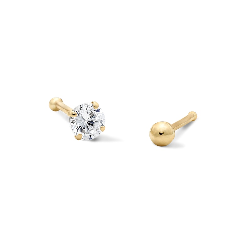 Main Image 1 of 10K Solid Gold CZ and Ball Nose Stud Set - 22G 1/4"