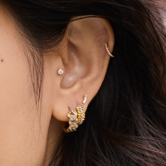 14K Gold Plated 1/20 CT. T.W. Lab-Grown Diamond Single Row Textured Huggie Hoops