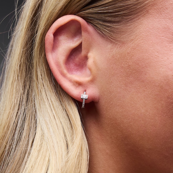 Solid Sterling Silver CZ Emerald Hoops