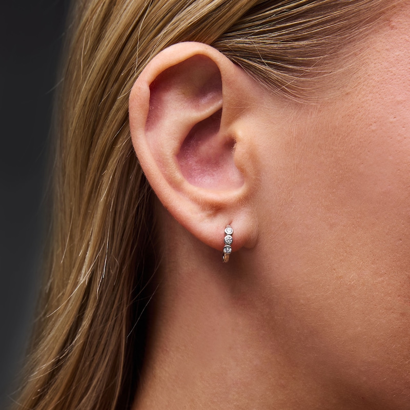 Solid Sterling Silver CZ Round Bezel Huggie Hoops