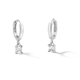 Solid Sterling Silver Princess-Cut CZ Hoop Drop Earrings