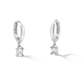 Solid Sterling Silver Square CZ Drop Huggie Hoops