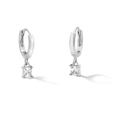 Solid Sterling Silver Square CZ Drop Huggie Hoops