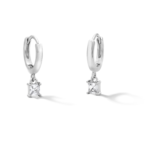 Solid Sterling Silver Square CZ Drop Huggie Hoops