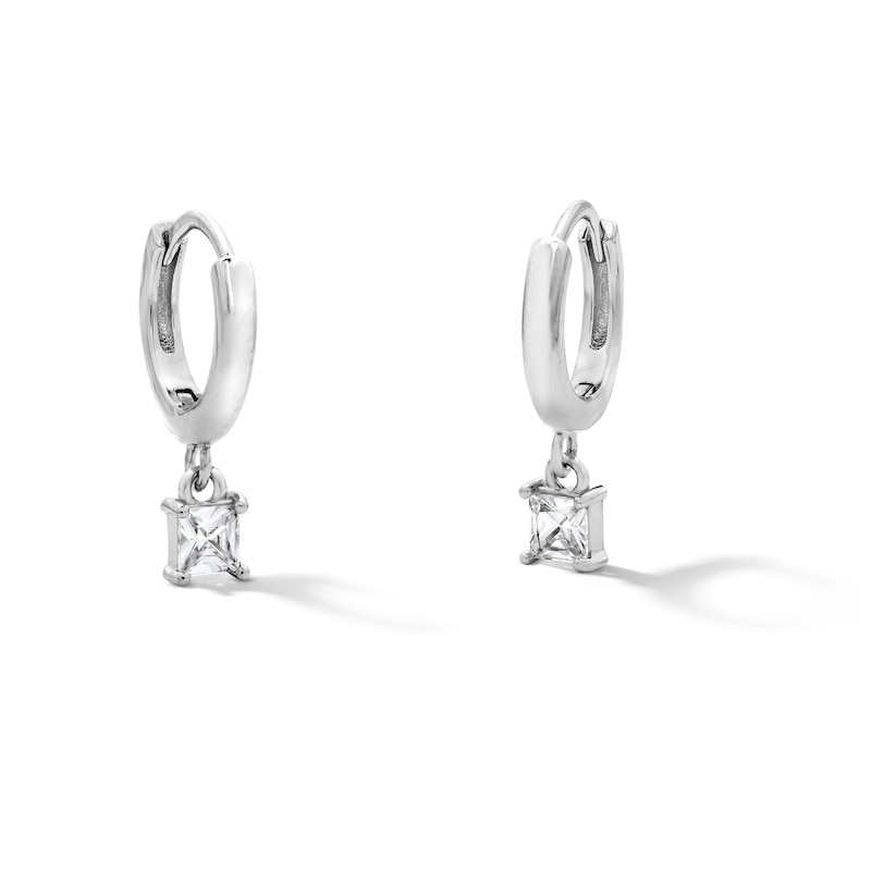 Main Image 1 of Solid Sterling Silver Princess-Cut CZ Hoop Drop Earrings