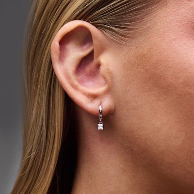 Solid Sterling Silver Square CZ Drop Huggie Hoops