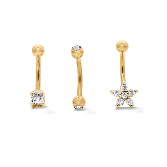 Yellow Ion-Plated CZ Flower, Bezel, and Solitaire Curved Barbell Set - 16G 3/8"