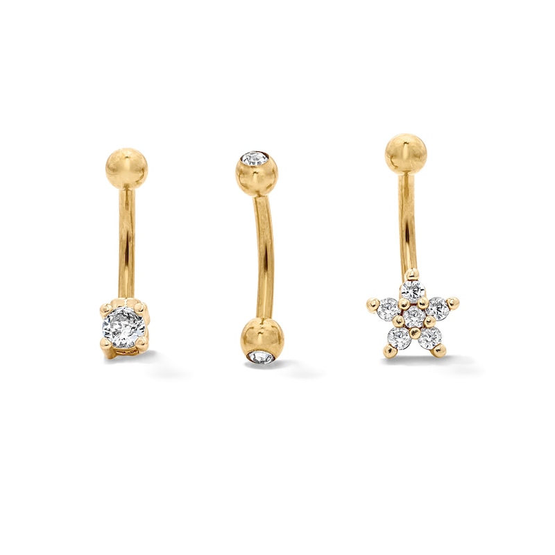Main Image 1 of Yellow Ion-Plated CZ Flower, Bezel, and Solitaire Curved Barbell Set - 16G 3/8"