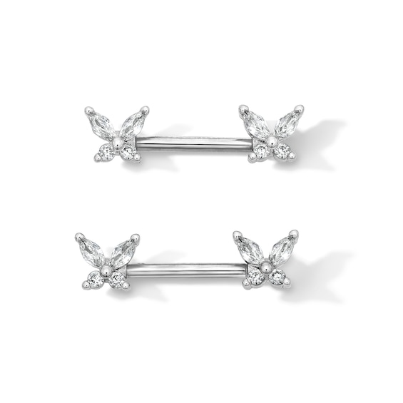 Solid Stainless Steel CZ Butterfly Barbell Set - 14G 7/16"
