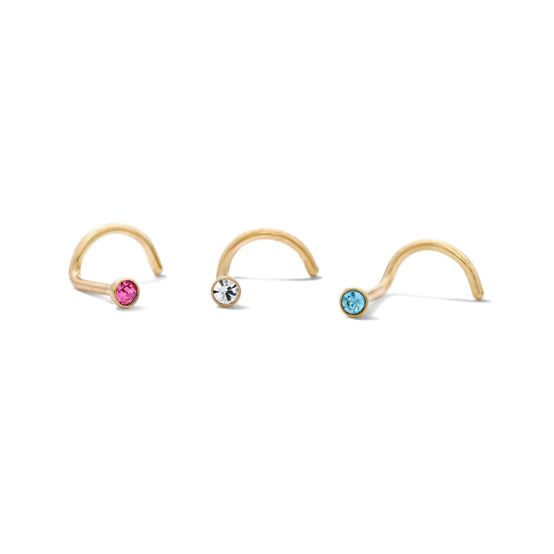 Main Image 1 of Yellow Ion-Plated Pink, White and Blue Crystal Nose Stud Set – 20G 5/8"