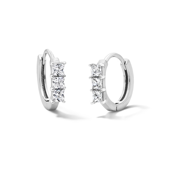 Solid Sterling Silver CZ Princess-Cut Huggie Hoops