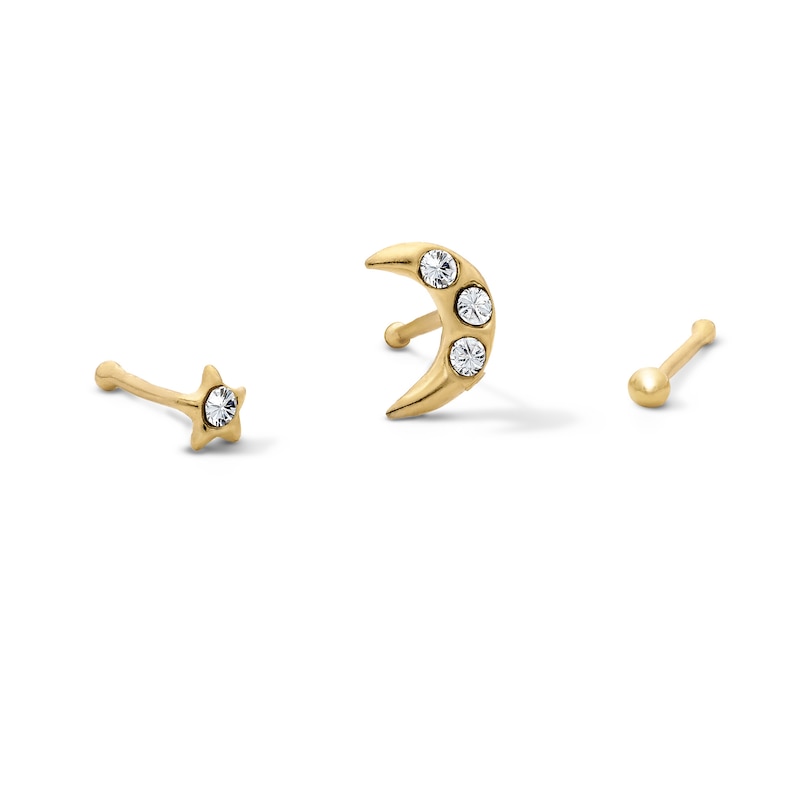 Main Image 1 of Yellow Ion-Plated Crystal Moon and Star Nose Stud Set – 22G 1/4"