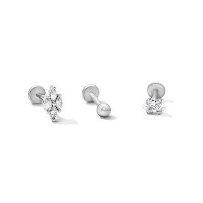 Semi-Solid Stainless Steel Ball, CZ Kite and Marquise Cartilage Earring Set - 18G 1/4"