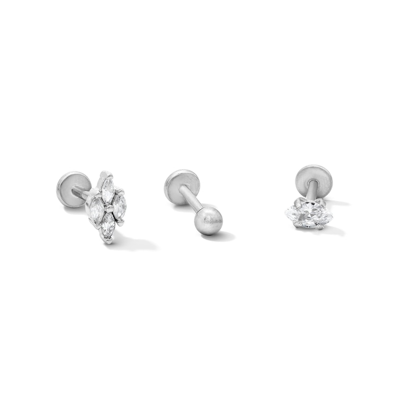 Main Image 1 of Semi-Solid Stainless Steel Ball, CZ Kite and Marquise Cartilage Earring Set - 18G 1/4"