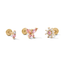 Yellow Ion-Plated CZ Pink and White Duo, Butterfly and Flower Cartilage Earring Set - 16G 1/4"