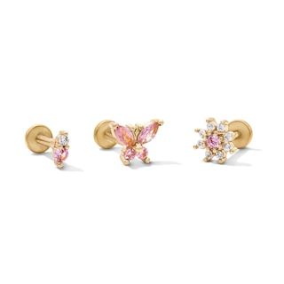 Yellow Ion-Plated CZ Pink and White Duo, Butterfly and Flower Cartilage Earring Set - 16G 1/4"