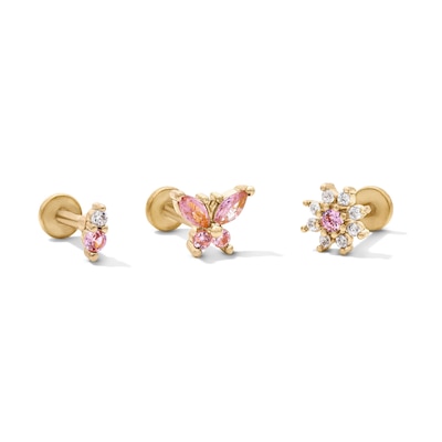 Yellow Ion-Plated CZ Pink and White Duo, Butterfly and Flower Cartilage Earring Set - 16G 1/4"
