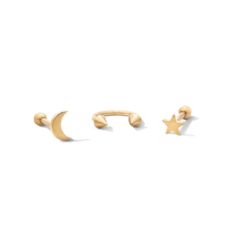 Main Image 1 of Yellow Ion-Plated Moon, Star and Horseshoe Cartilage Earring Set - 16G 5/16"