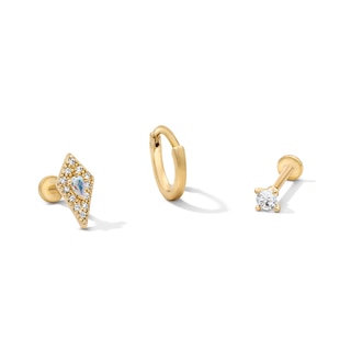 Yellow Ion-Plated CZ Kite, Clicker Hoop and CZ Solitaire Cartilage Earring Set – 16G, 18G