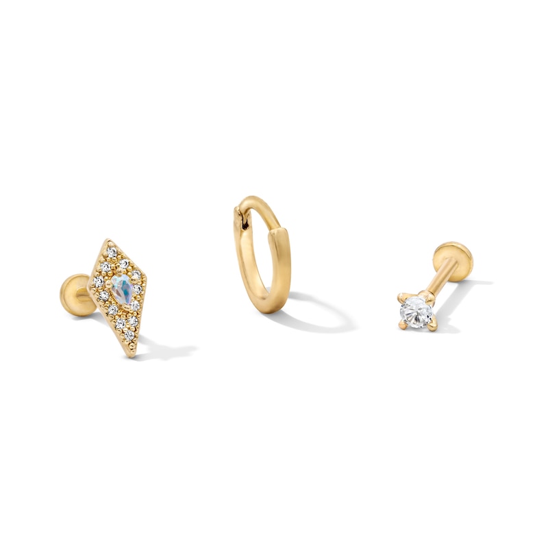 Main Image 1 of Yellow Ion-Plated CZ Kite, Clicker Hoop and CZ Solitaire Cartilage Earring Set – 16G, 18G