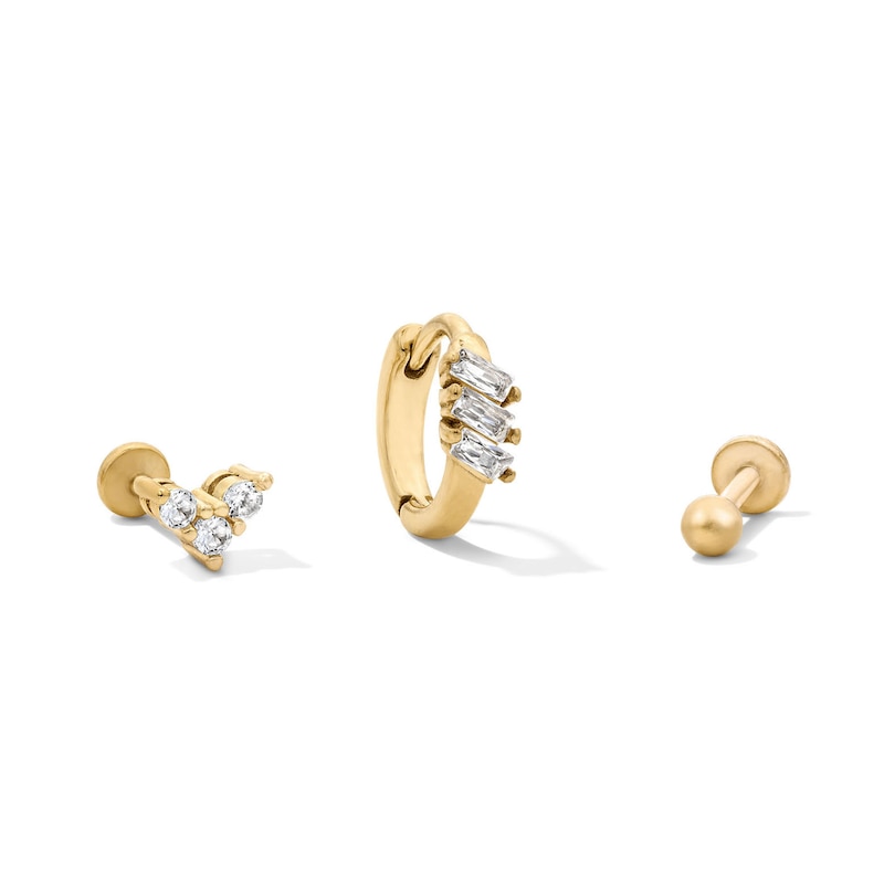 Main Image 1 of Yellow Ion-Plated CZ Trio, Clicker Hoop and Ball Cartilage Earring Set - 16G