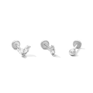 Semi-Solid Stainless Steel CZ Marquise Duo, Round Duo and Ball Cartilage Earring Set - 18G 1/4"