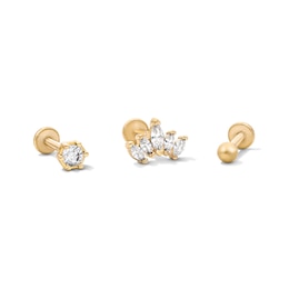 Yellow Ion-Plated CZ Hexagon, Crown and Ball Cartilage Earring Set - 16G 1/4"