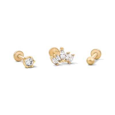 Yellow Ion-Plated CZ Hexagon, Crown and Ball Cartilage Earring Set - 16G 1/4"
