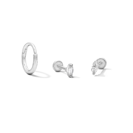 Semi-Solid Stainless Steel Clicker Hoop, CZ Marquise and Round Duo Cartilage Earring Set - 18G