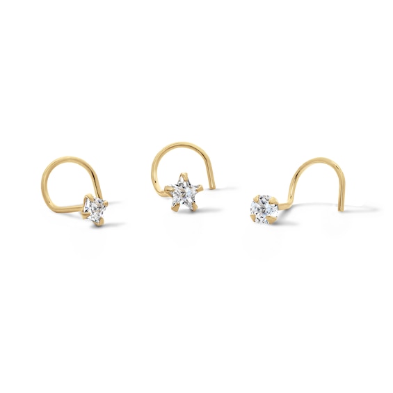 Yellow Ion-Plated CZ Square, Round and Star Screw Nose Stud Set – 22G 5/8"