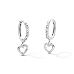 Solid Sterling Silver CZ Heart Drop Huggie Hoop Earrings
