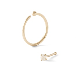 10K Semi-Solid Gold CZ Bone Nose Stud and Solid Nose Ring Set - 20G 3/8"