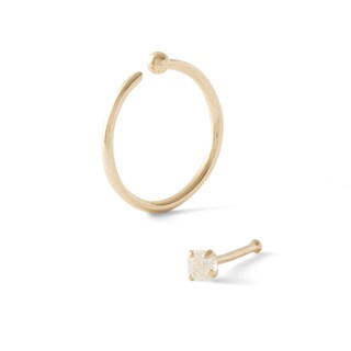 10K Semi-Solid Gold CZ Bone Nose Stud and Solid Nose Ring Set - 20G 3/8"