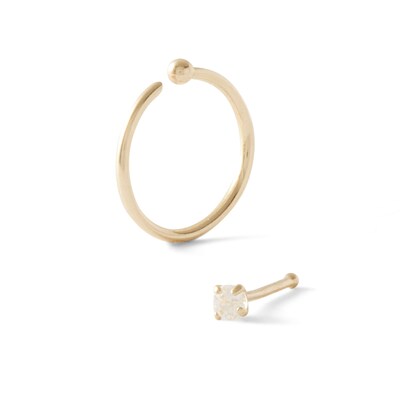 10K Semi-Solid Gold CZ Bone Nose Stud and Solid Nose Ring Set - 20G 3/8"