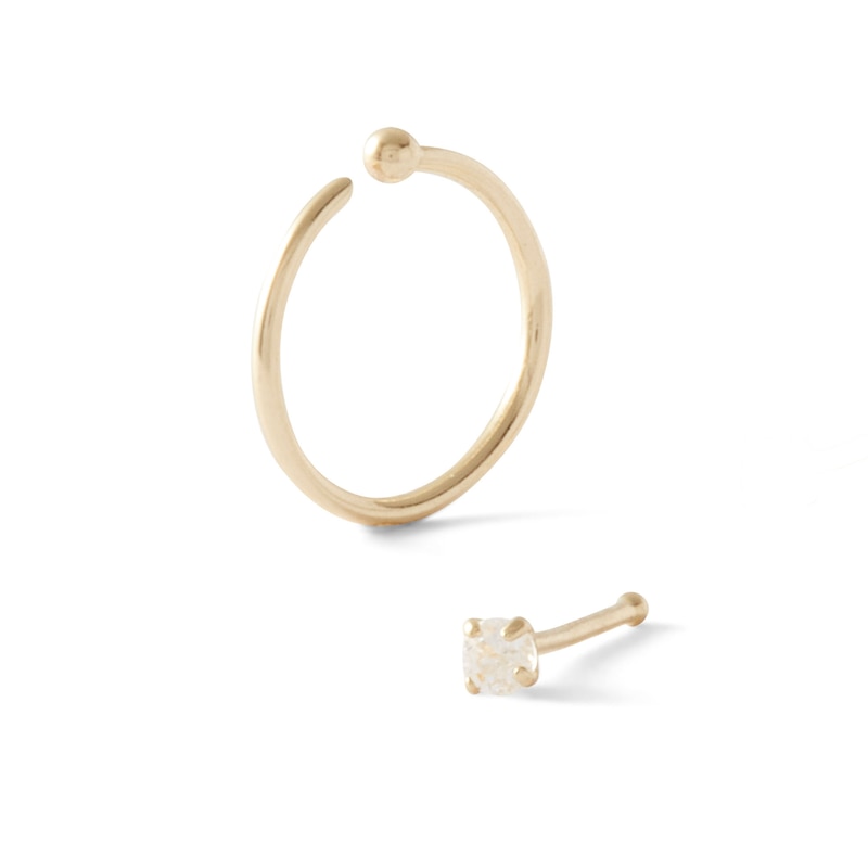 Main Image 1 of 10K Semi-Solid Gold CZ Bone Nose Stud and Solid Nose Ring Set - 20G 3/8"