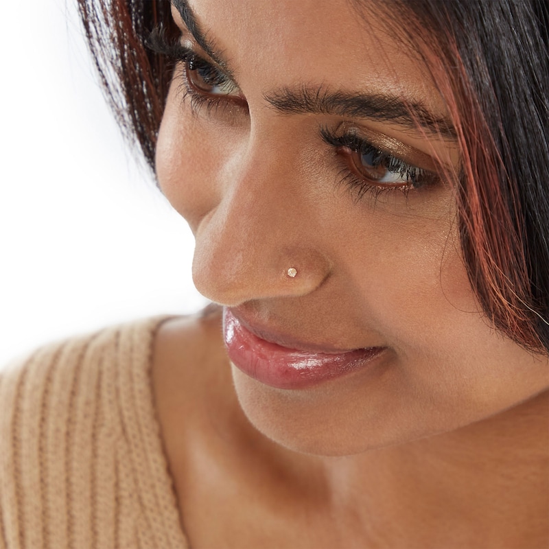 Main Image 2 of 10K Semi-Solid Gold CZ Bone Nose Stud and Solid Nose Ring Set - 20G 3/8"