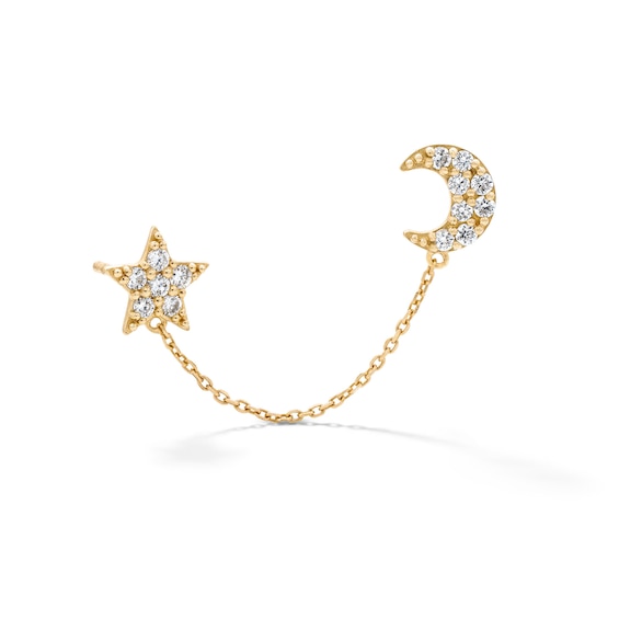 10K Gold 1/10 CT. T.W. Lab-Grown Diamond Star and Moon Stud Chain Single Earring