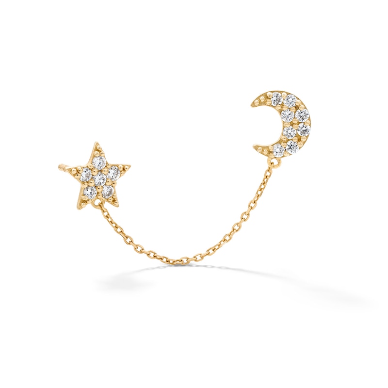 Main Image 1 of 10K Gold 1/10 CT. T.W. Lab-Grown Diamond Star and Moon Stud Chain Single Earring